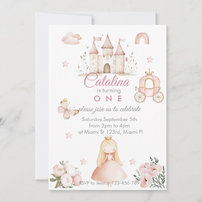 Convite 1st Birthday Princess Girl Invitation (Frente)