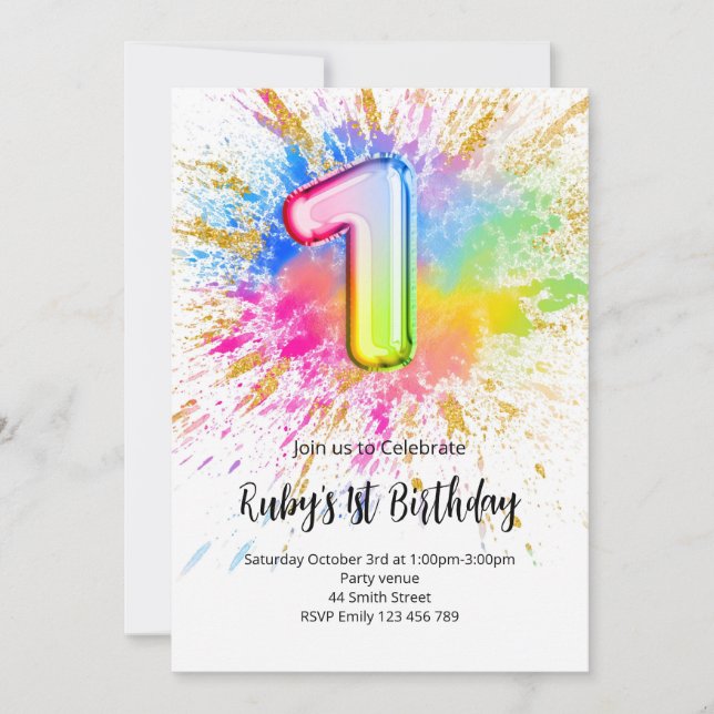 Convite 1st Birthday Rainbow Paint Splash Invitation (Frente)