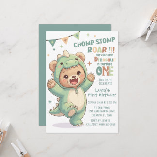 Convite 1st Dino Birthday Party | Cute Teddy Bear Dinosaur