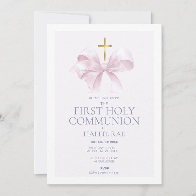 Convite 1st Holy Communion Invitation, Modern Pink Bow (Frente)