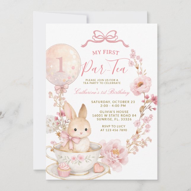 Convite 1st Par-Tea Bunny First Birthday Party Girl  (Frente)
