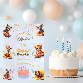 Convite 1st Party Animals Kids Birthday Invitation 