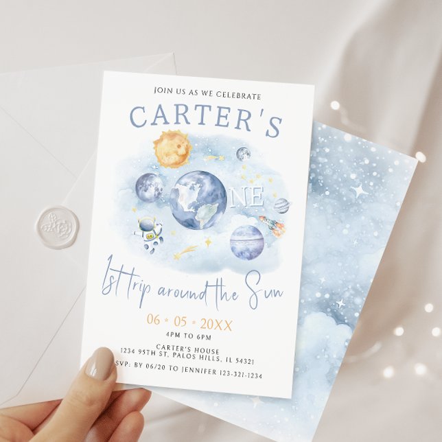 Convite 1st trip around the sun space planets birthday boy (Criador carregado)