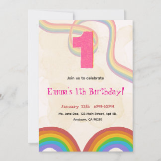 Convite 1th Birthday Invitation Girl Editable Rainbow
