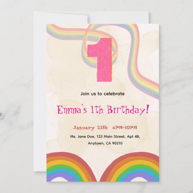 Convite 1th Birthday Invitation Girl Editable Rainbow (Frente)