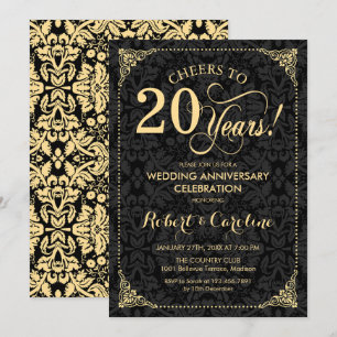 Convite 20º Aniversário de Casamento - Damasco Preto Doura