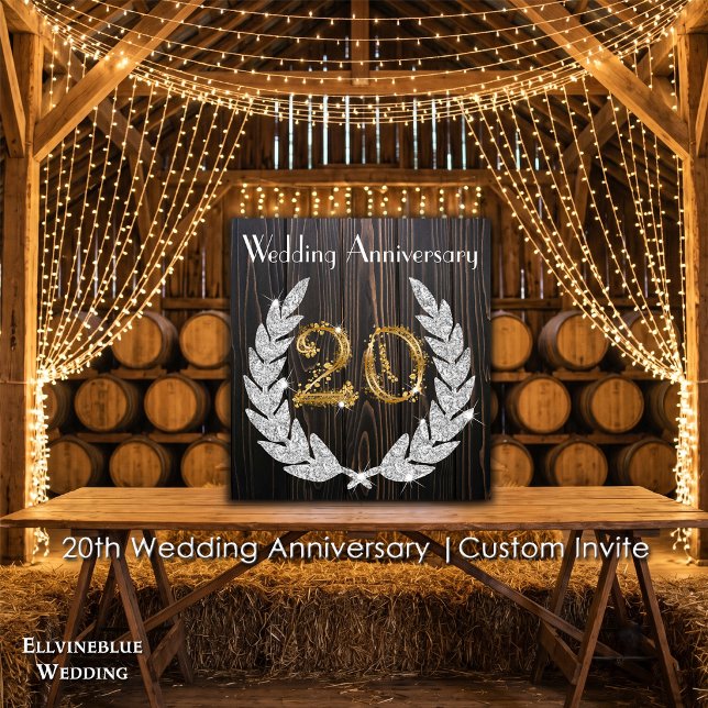 Convite 20º Aniversário de Casamento | Madeira Rústica & D (20th Wedding Anniversary Invite | Rustic Wood & Diamond Laurel. Size: 5.25” x 5.25”)