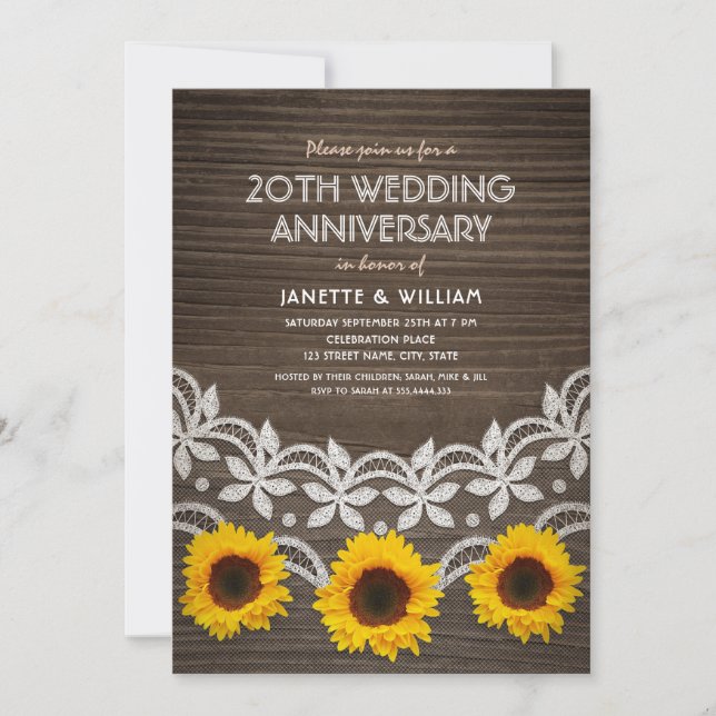 Convite 20º Aniversário de Casamento Rustic Sunflowers Lac (Frente)