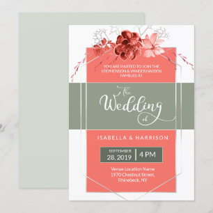Convite 2019 Coral Sage Modern Floral Casamento Geométric