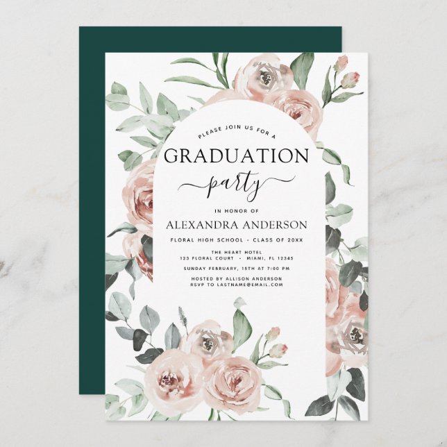 Convite 2022 Emerald Green Graduation Floral Greenery (Frente/Verso)