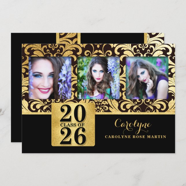 Convite 2023 Dourado Falso e Elegante Turma de Foto (Frente/Verso)