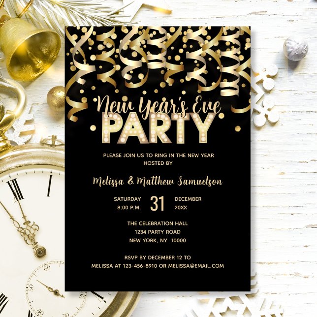 Convite 2024 PARTIDO EVE Dourado DO ANO NOVO (2024 NEW YEAR'S EVE PARTY Gold Glitter Black Invitation)