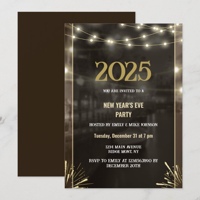 Convite 2025 Ano Novo Dourado Preto Moderno Personalizado  (Frente/Verso)
