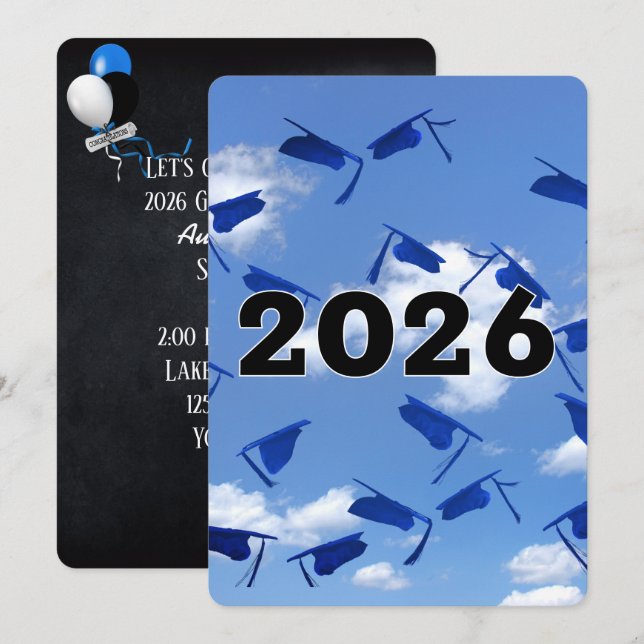 Convite 2026 Chapéus de Formatura Azuis no Céu  (Frente/Verso)