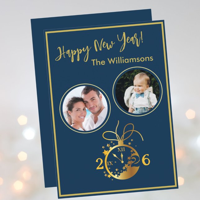 Convite 2026 Happy New Year's 2 Photo Clock Card (Criador carregado)