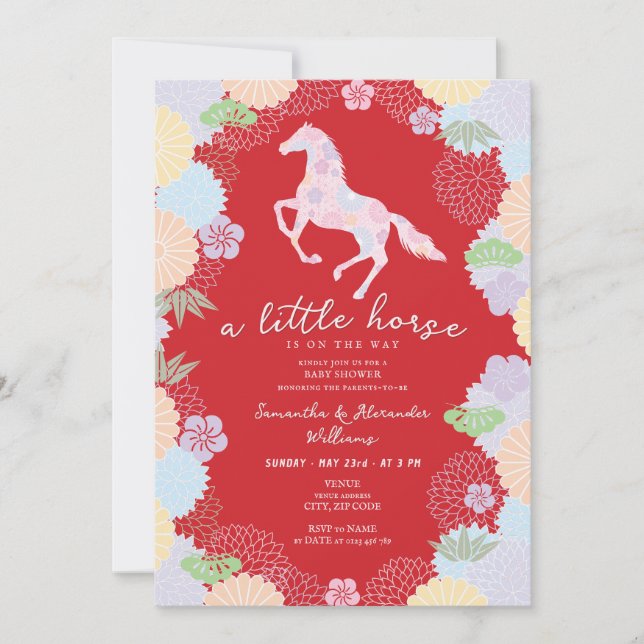 Convite 2026 Little Horse Floral Red Garden Baby Shower (Frente)