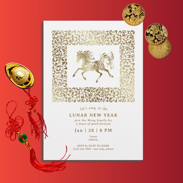Convite 2026 Lunar New Year Of The Horse White Gold Party (2026 Lunar Chinese New Year Of The Horse White Gold Party Invitation)