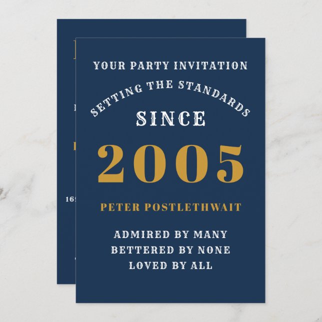 Convite 20 Aniversário De 2005 Azul Dourado Personalizado  (Frente/Verso)