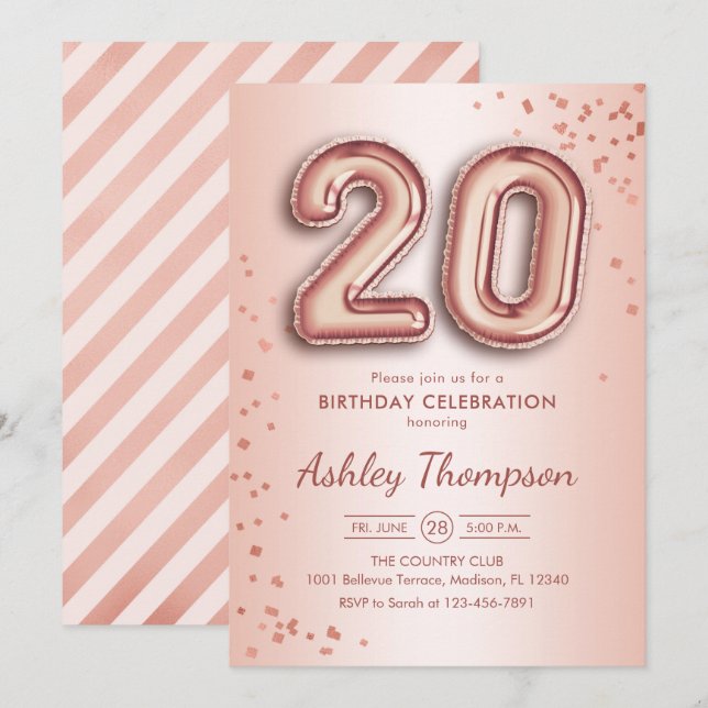 Convite 20 Birthday - Balões Dourados Rosa (Frente/Verso)