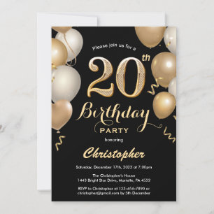 Convite 20 Birthday Black and Dourado Balloons Confetti