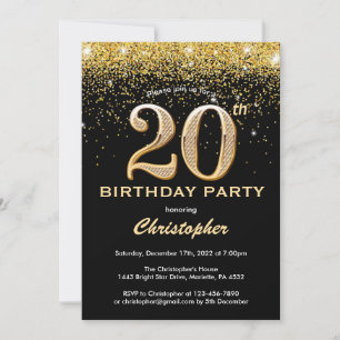 Convite 20 Birthday Black and Dourado Glitter Confetti
