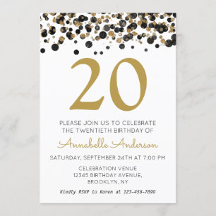 Convite 20 Birthday Black Glitter Sparkle Confetti