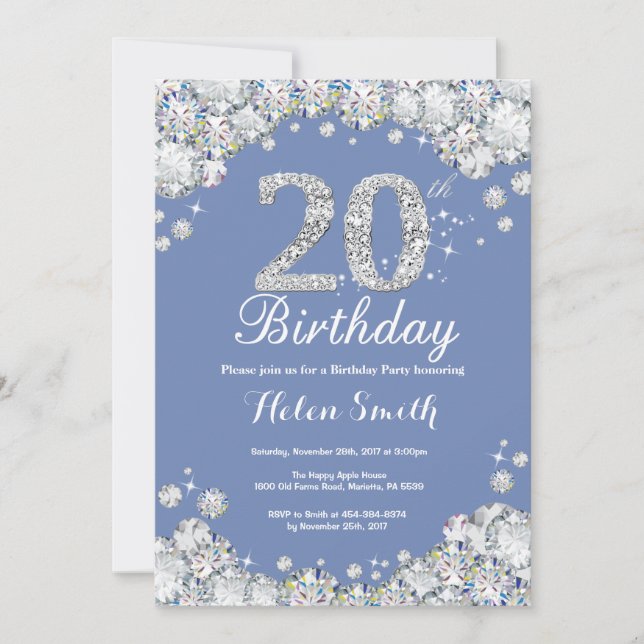 Convite 20 Birthday Blue e Silver Diamond (Frente)