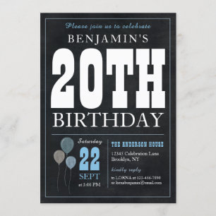Convite 20 Birthday Chalkboard Blue Balloon Russo Chic