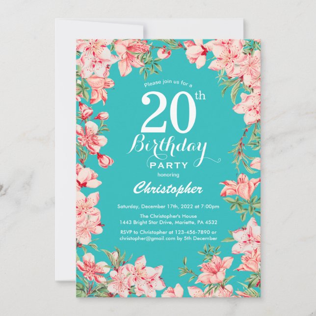 Convite 20 Birthday Floral Rosa Flor Rosa Flor Fundo Teal (Frente)