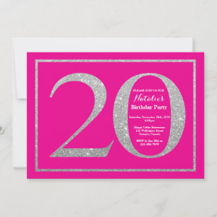 Convite 20 Birthday Hot Pink e Silver Gliter