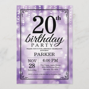 Convite 20 Birthday Invitation Purple Glitter