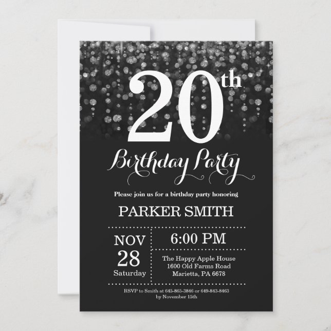 Convite 20 Birthday Invitation Silver Glitter (Frente)