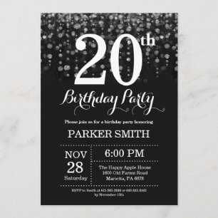 Convite 20 Birthday Invitation Silver Glitter