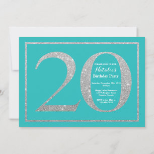 Convite 20 Birthday Invitation Teal and Silver Glitter