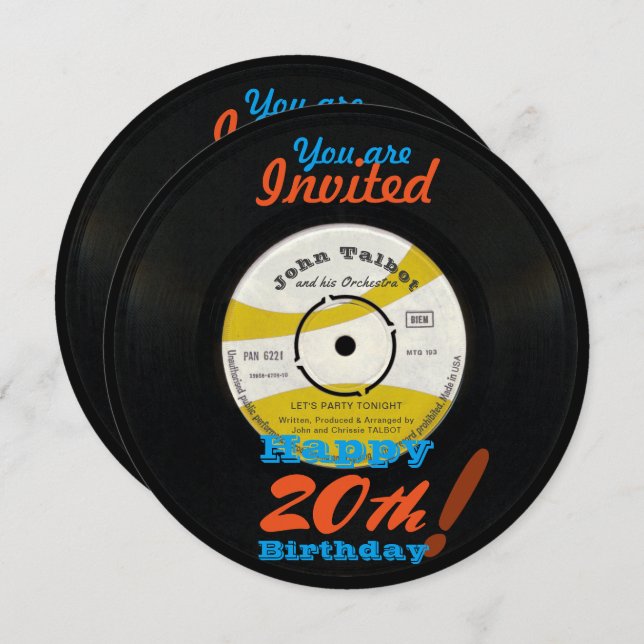 Convite 20 Birthday Invite Retro Vinil Record 45 RPM (Frente/Verso)
