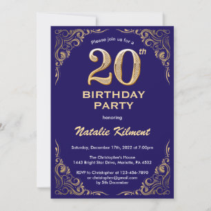 Convite 20 Birthday Marinho Azul e Dourado Quadro Glitter