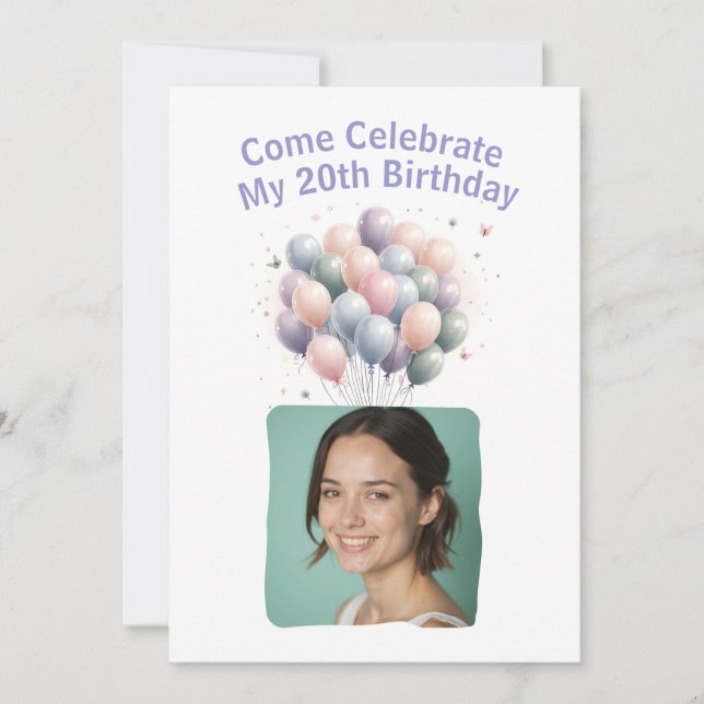 Convite 20 de Fotografia Personalizada Balões de Aniversár (Frente)