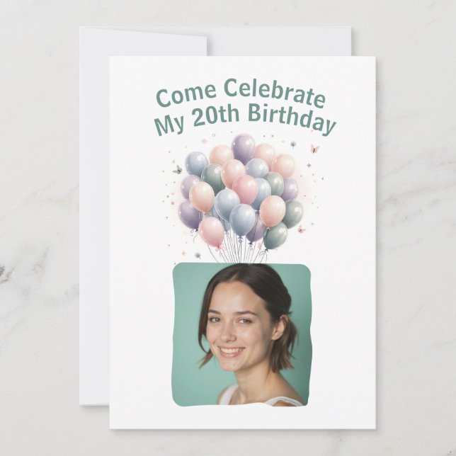 Convite 20 de Fotografia Personalizada Balões de Aniversár (Frente)