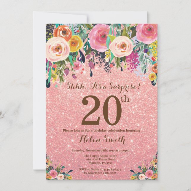 Convite 20 de Surpresa Floral com rosa Dourada Glitter Ani (Frente)