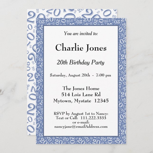 Convite 20 - Evento 20 de Padrão de Número Aleatório Azul/ (Frente/Verso)