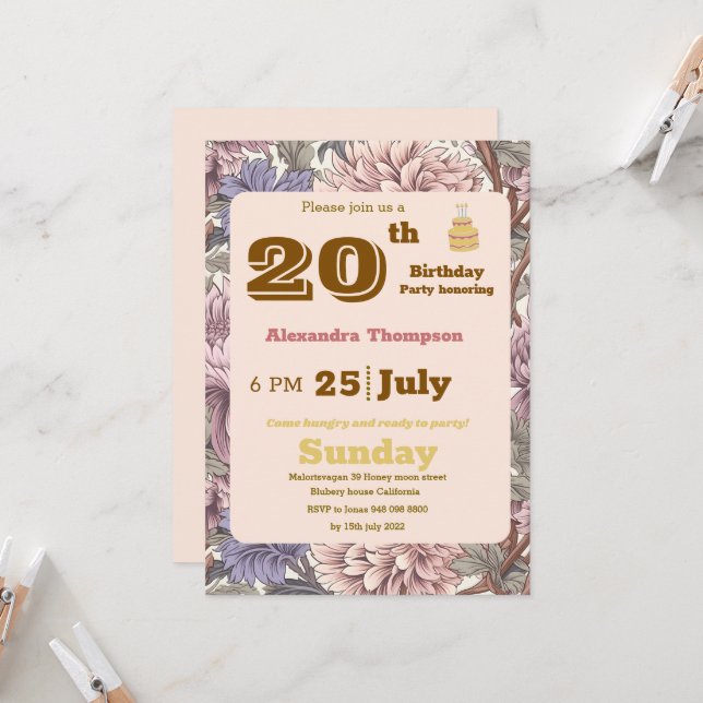 Convite 20 floral moderno, festa de aniversário roxa (Frente/Verso In Situ)