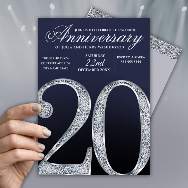 Convite 20th Anniversary Diamond Silver Dark Blue Years (Criador carregado)