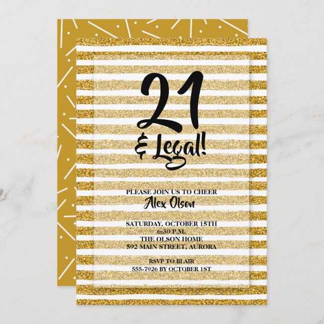 Convite 21 e Dia de Aniversário da Glitter Dourada Legal (Frente/Verso)