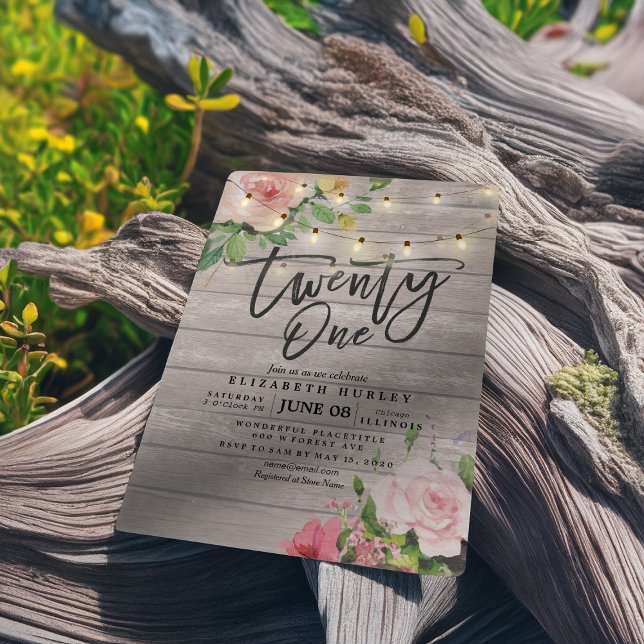 Convite 21 Flores Rústicas De Madeira Festa de aniversário (Criador carregado)