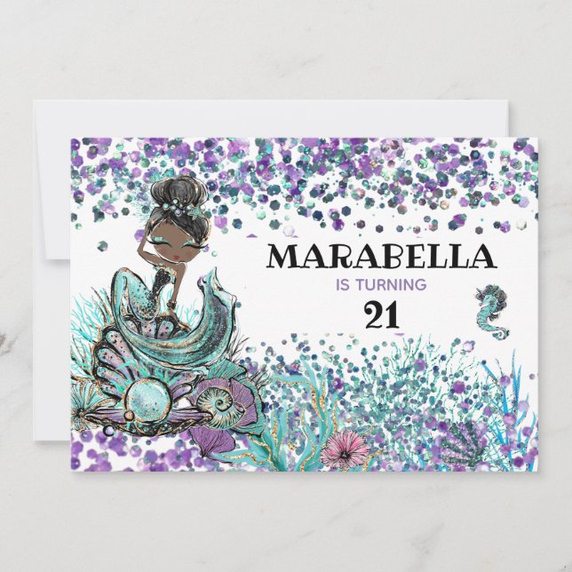 Convite *~* 21 GLAM Sereia Sob Festa de aniversário Marinh (Frente)