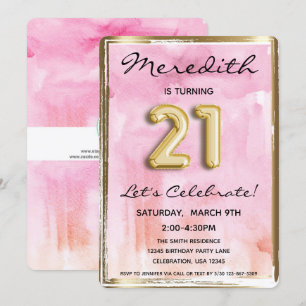 Convite 21 rua de aniversário rosa e Dourada