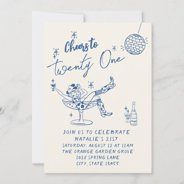 Convite 21 ruas Blue Drawn Cowgirl Coastal Photo Difusão A (Frente)