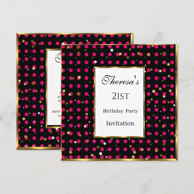Convite 21 ruas Rosa Quente Bolinhas Douradas Estrelas Ani (Frente/Verso)