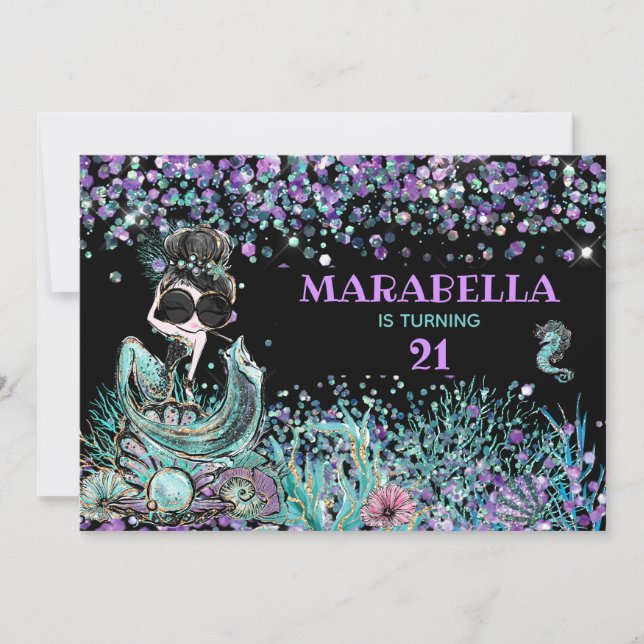 Convite *~* 21 Sereia GLAM LUXE debaixo do Mar Aniversário (Frente)