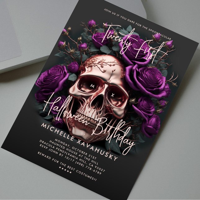 Convite 21ruas Cascas de Aniversário Rosas Roxos (21st Halloween Birthday Skull Purple Roses Invitation
)